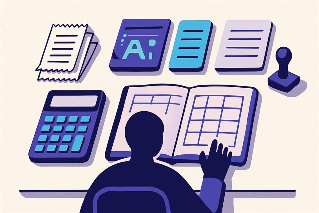 Ilustración de un escritorio contable con documentos, una calculadora y gráficos ordenados
