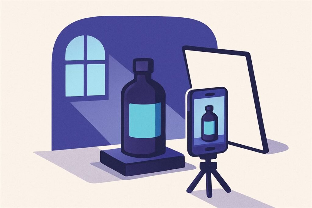 Ilustración de un producto sobre fondo blanco junto a una ventana con luz natural