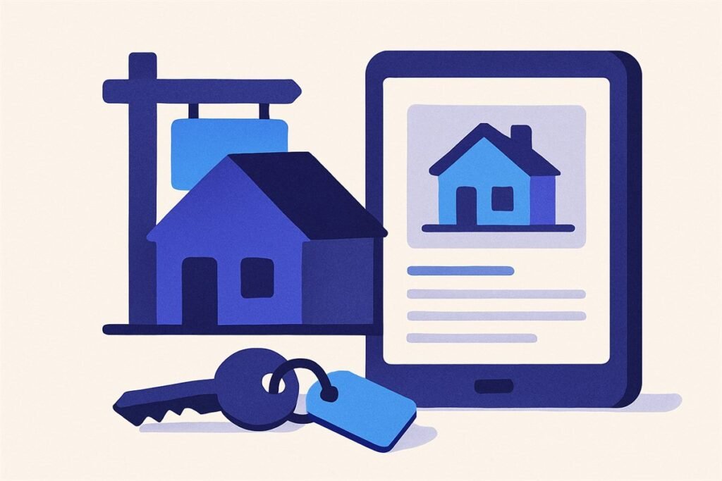 Ilustración de una casa con un cartel de venta y una tableta mostrando su ficha