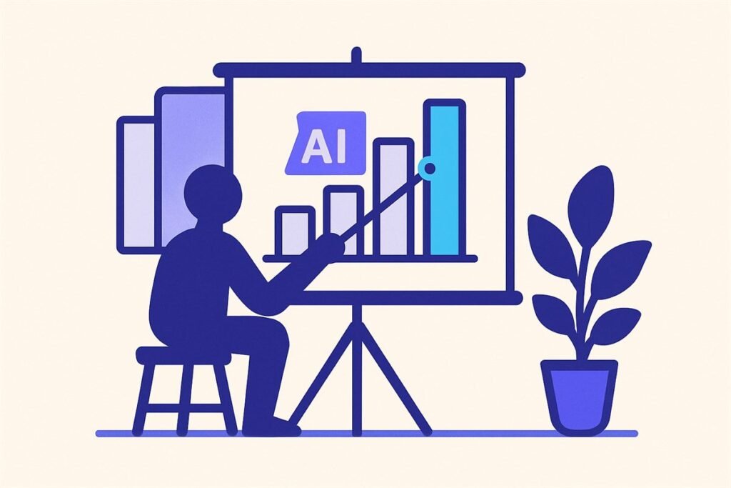 Ilustración de una pantalla de presentación con diapositivas y un gráfico de barras