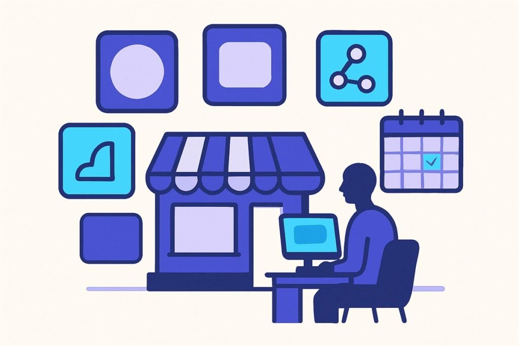 Ilustración de una tienda pequeña rodeada de iconos de publicaciones y un calendario