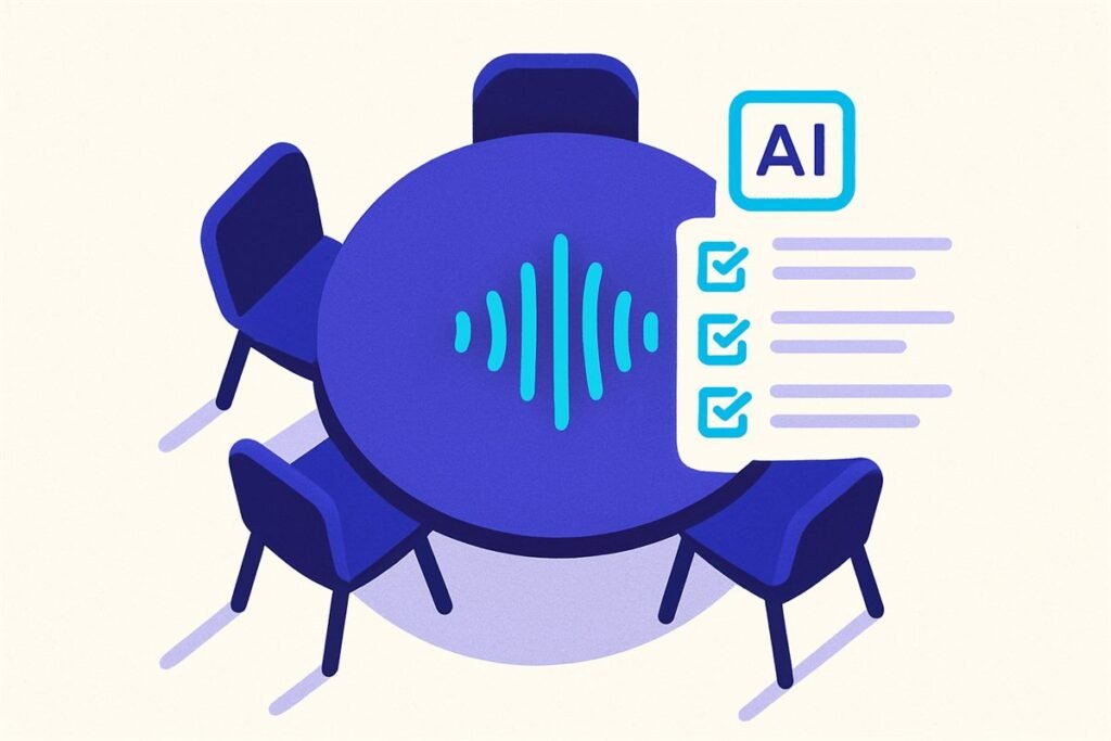 Ilustración de una mesa de juntas con ondas de sonido convirtiéndose en una lista de acuerdos